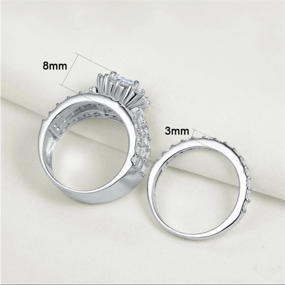 New 925 Silver 2 Pc Set Wedding Engagement Diamond Ring - Picture 4 of 6